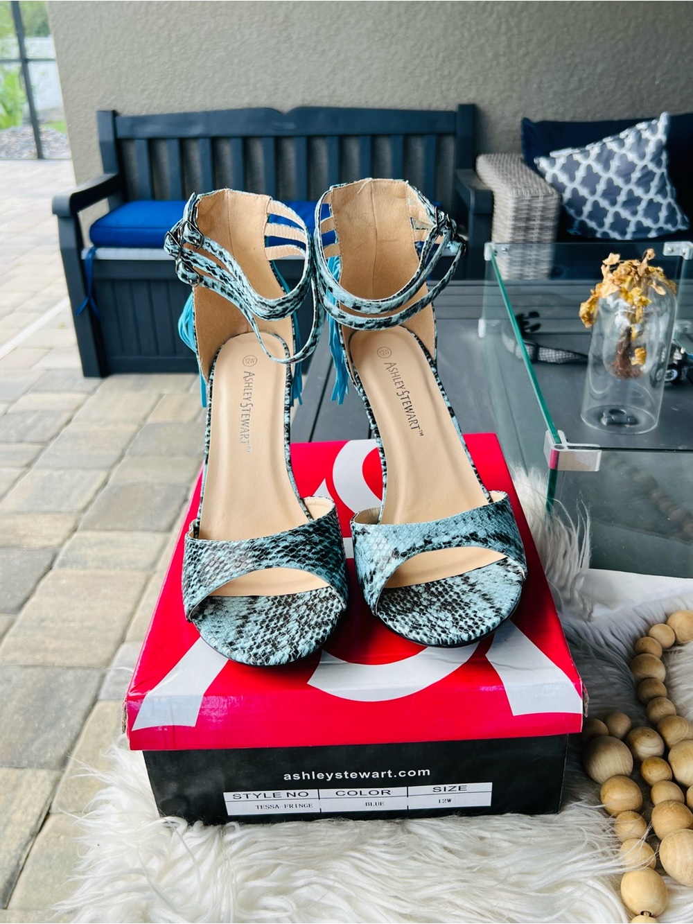 Ashley Stewart Turquoise Snake-Print Fringe Stiletto Sandals - Picture 2 of 6